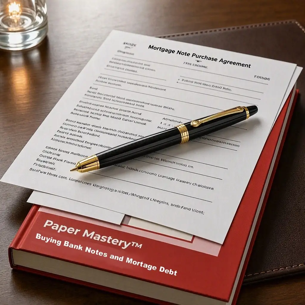 Premium investor ledger displaying how to buy mortgage notes and consumer debt portfolios through paper mastery structures.