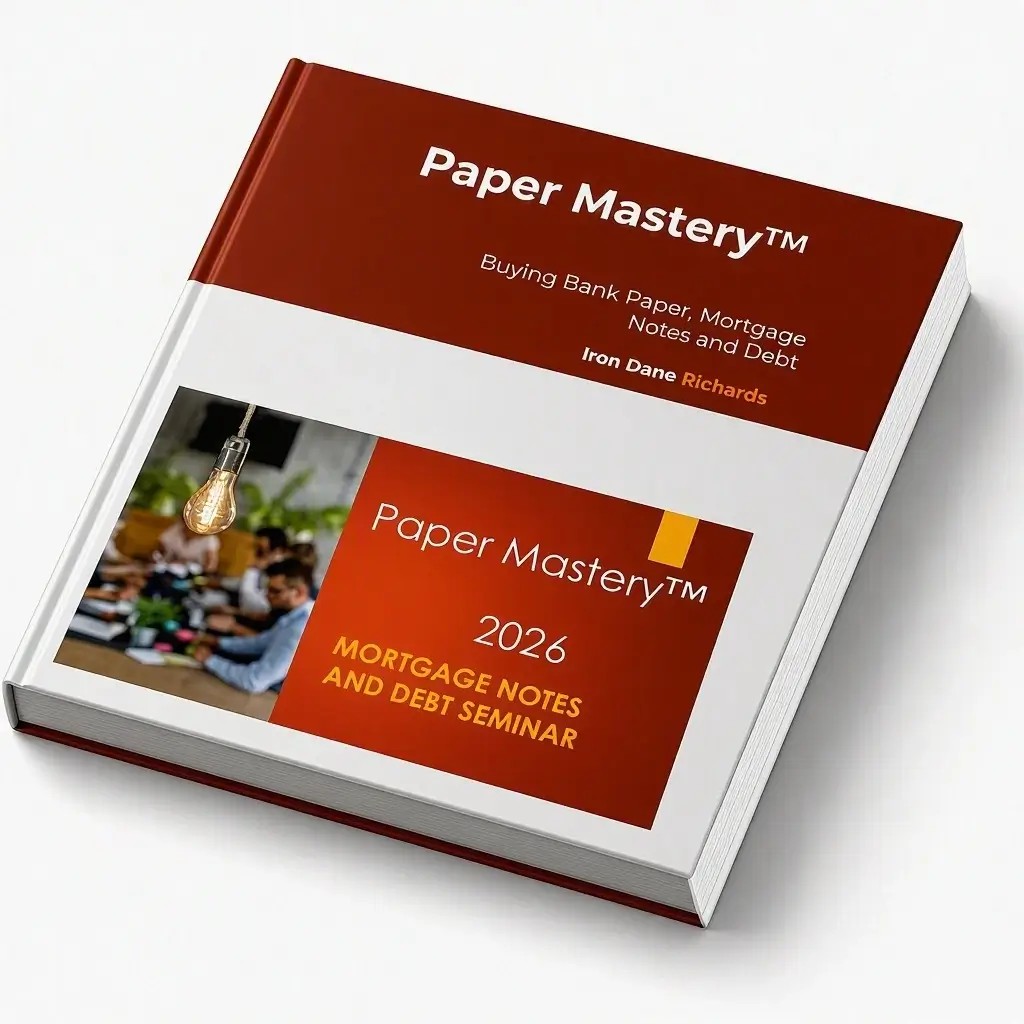 Premium investor ledger displaying how to buy mortgage notes and consumer debt portfolios through paper mastery structures.